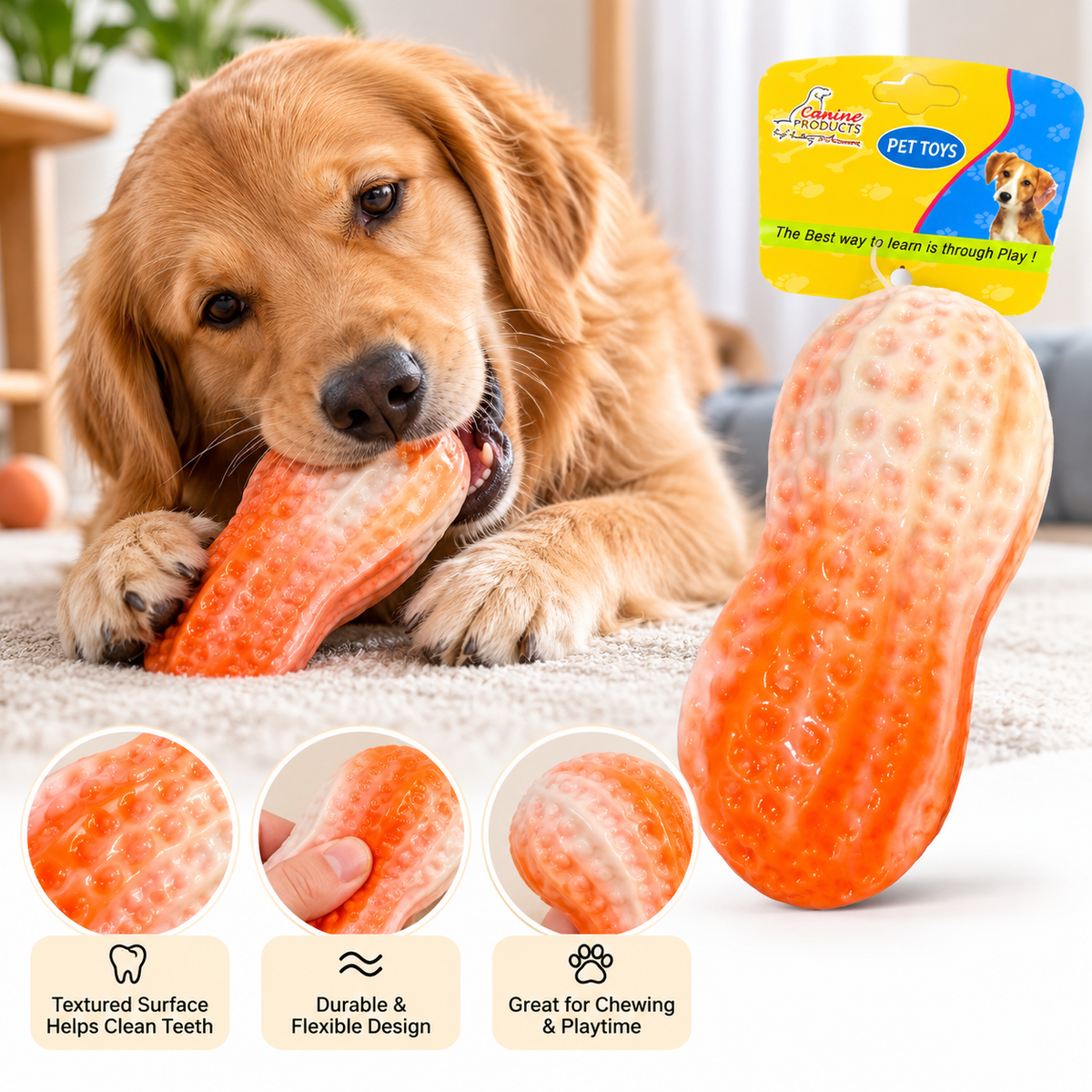 Dog Chew Toy - Textured Peanut-Shaped Rubber Toy