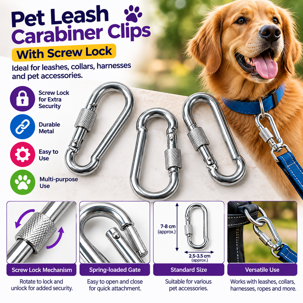 Pet Leash Carabiner Clip with Screw Lock