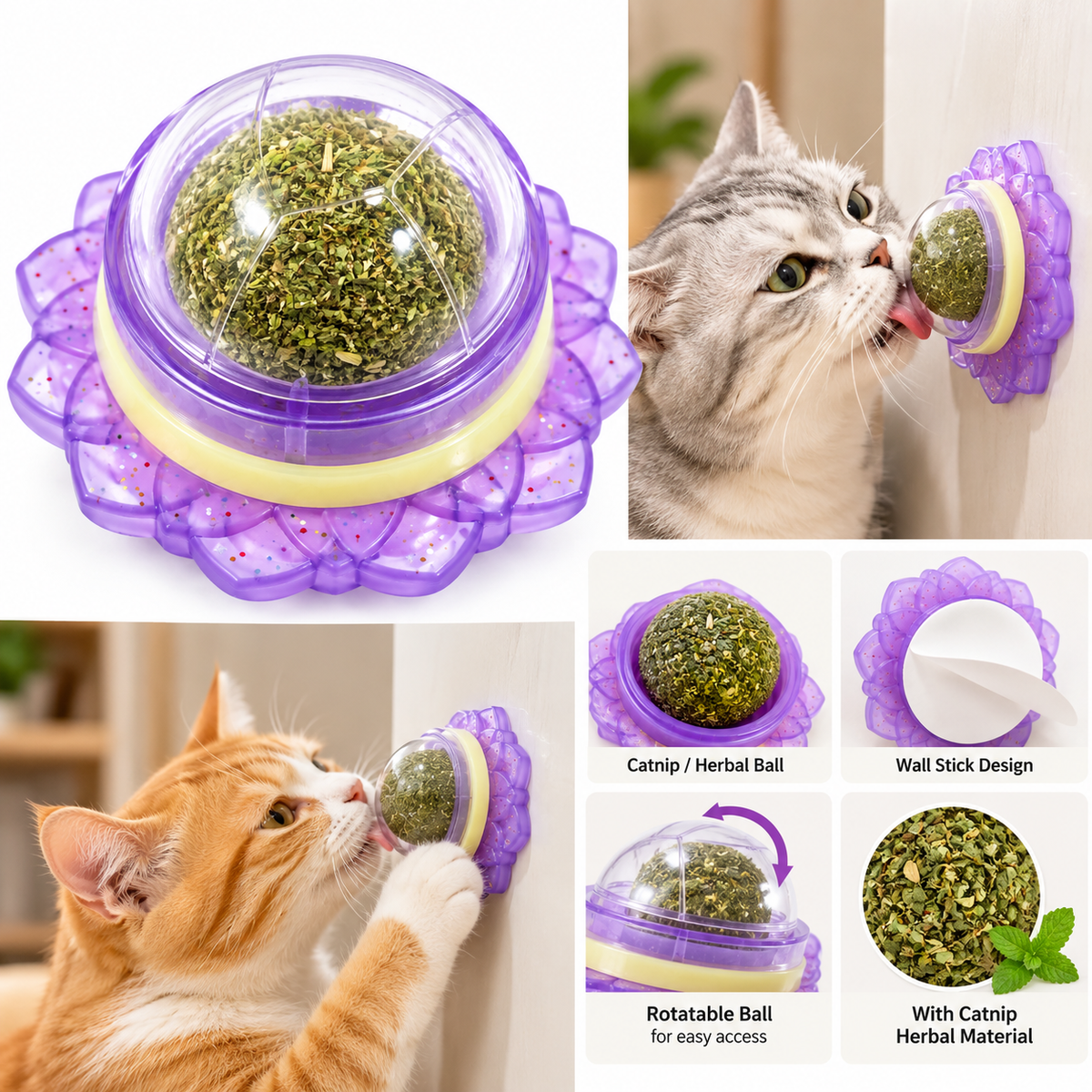 Purple catnip ball toy with transparent dome containing dried herbal material and a decorative flower-shaped base.
