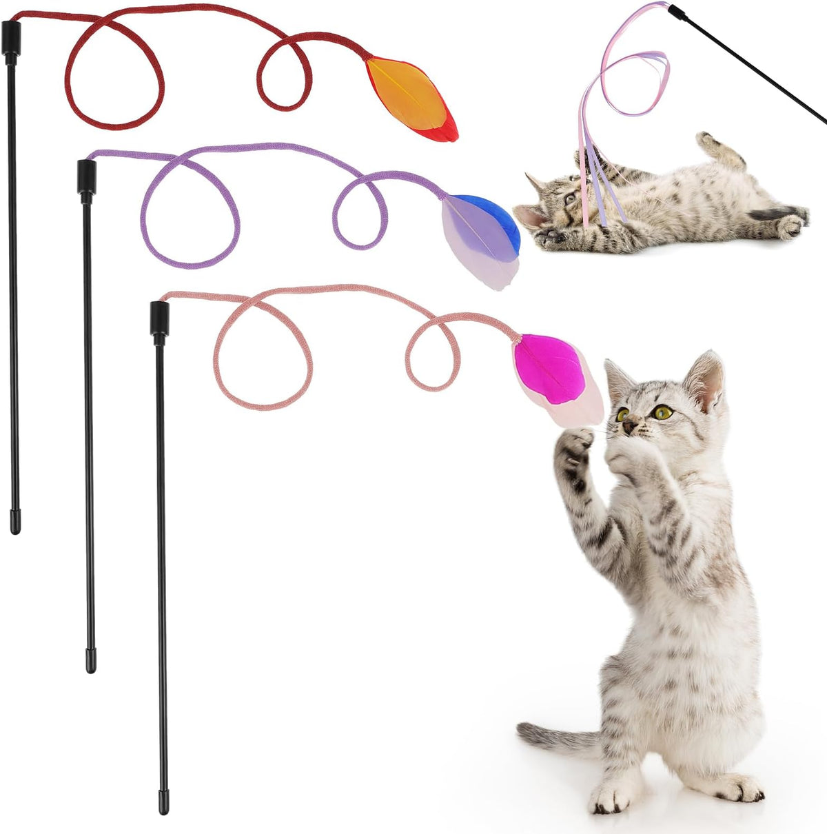 Cat and kitten playing stick wand toy, part of the HobbsGo Cat Treat and Toy Bundle