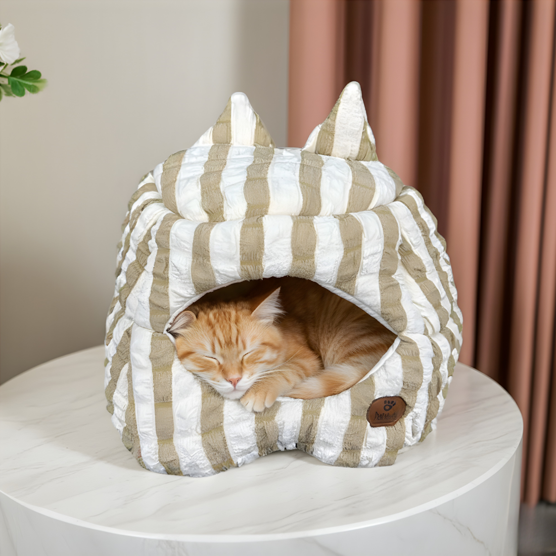 Striped Cave Cat House – Cozy Pet Bed House & Small Cat Bed