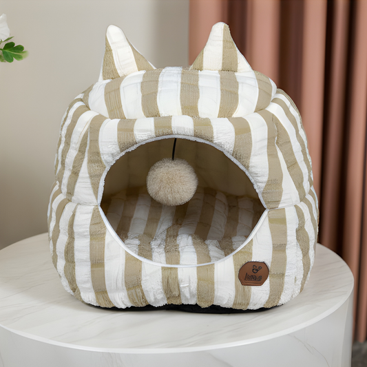Striped Cave Cat House – Cozy Pet Bed House & Small Cat Bed