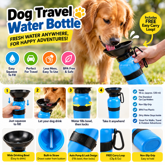 Dog Travel Water Bottle with Bowl - Portable Squeeze Water Dispenser