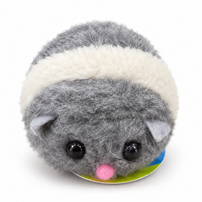 Grey Plush Cat Toy with Pink Nose and Cream Stripe