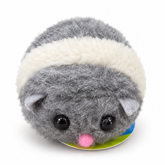 Grey Plush Cat Toy with Pink Nose and Cream Stripe