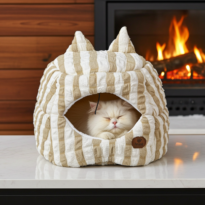Striped Cave Cat House – Cozy Pet Bed House & Small Cat Bed