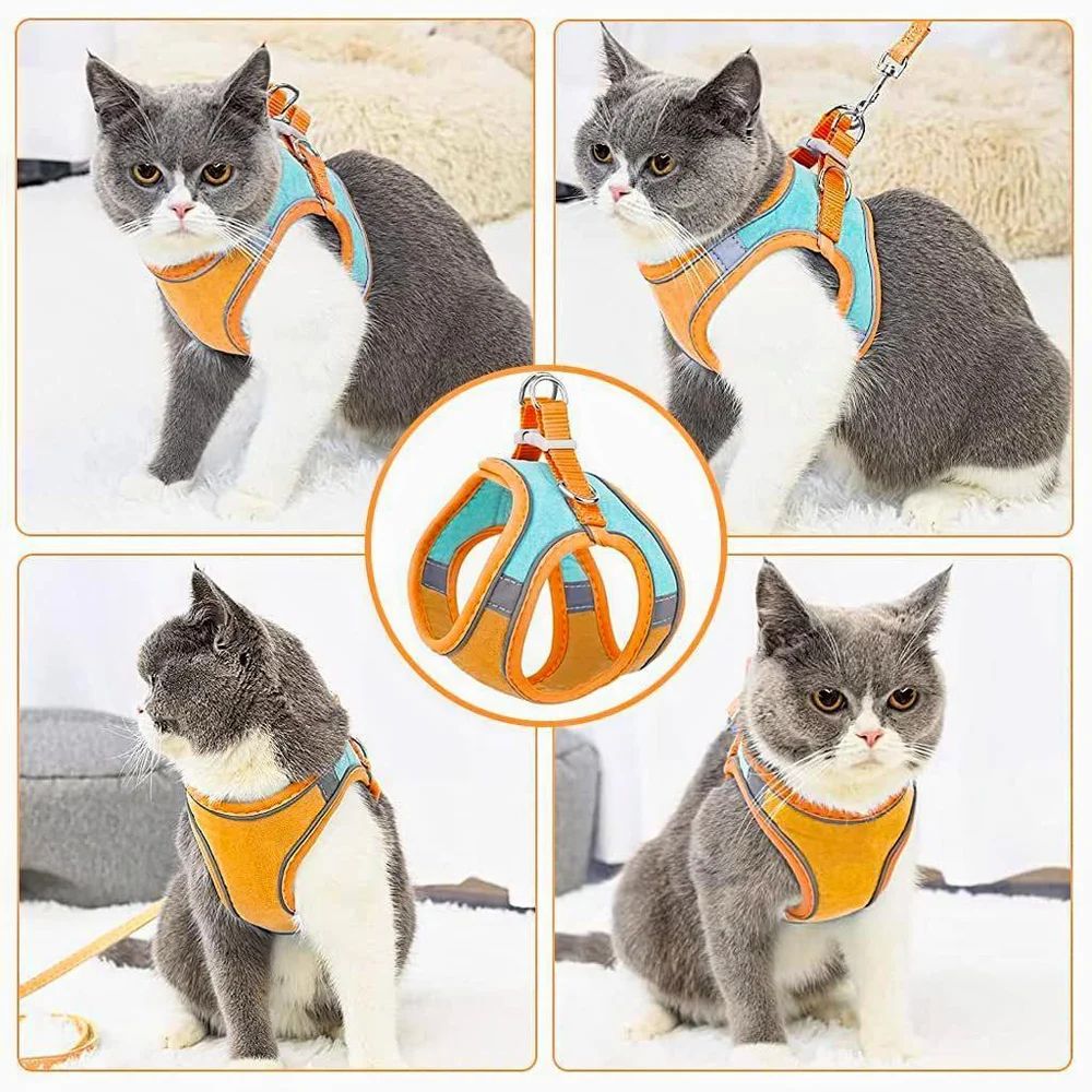 Cat mesh harness with matching leash, escape-resistant wrap-around vest