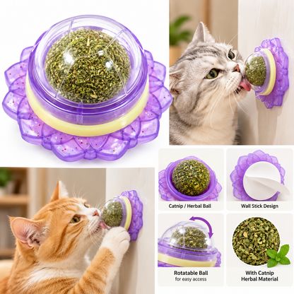 Purple catnip ball toy with transparent dome containing dried herbal material and a decorative flower-shaped base.