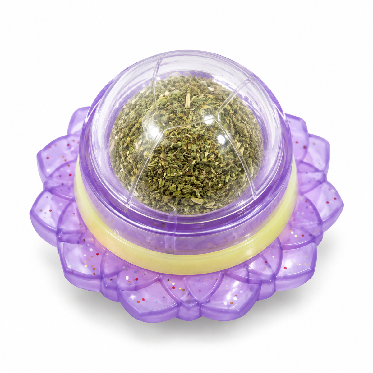 Purple catnip ball toy with transparent dome containing dried herbal material and a decorative flower-shaped base.