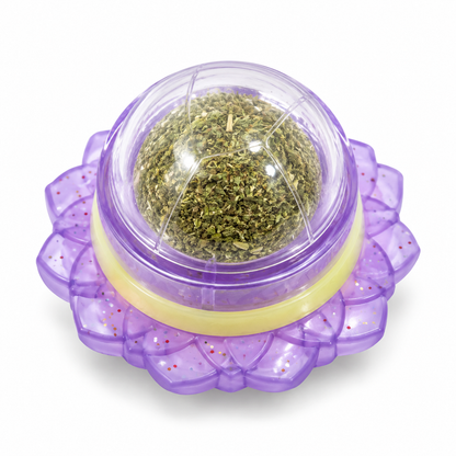 Purple catnip ball toy with transparent dome containing dried herbal material and a decorative flower-shaped base.