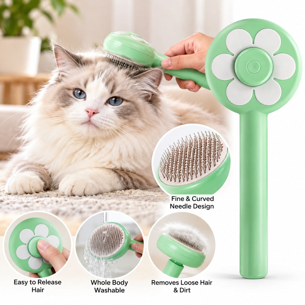 Flower Pet Comb for Cats & Dogs - Self-Cleaning Grooming Brush