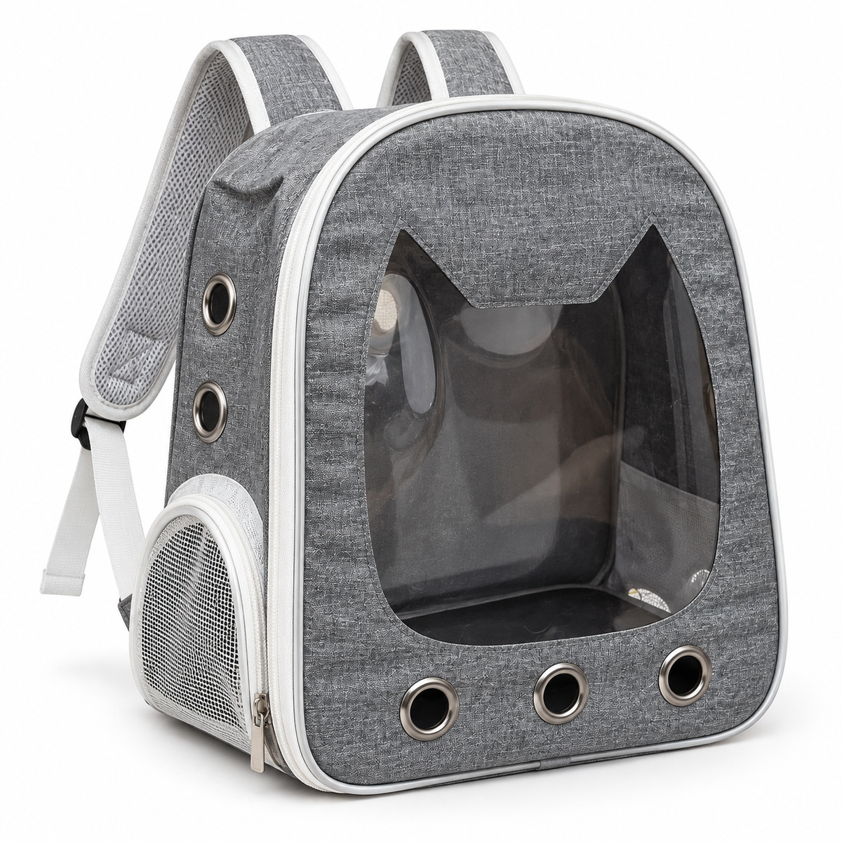 Grey cat carrier backpack with transparent cat-ear window, circular ventilation openings and white trim.