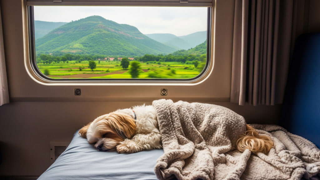Comfortable dog napping on Indian Railways.