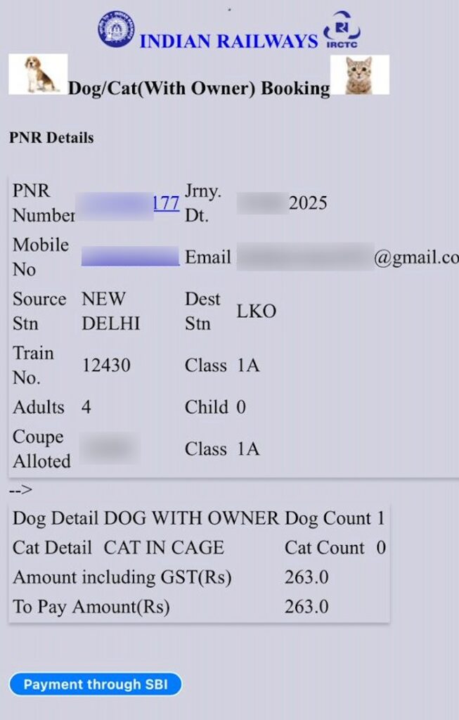 Indian railway dog travel booking confirmation