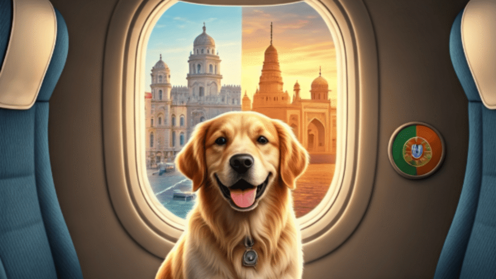 Pet travel from Lisbon to India with golden retriever, international dog transport.