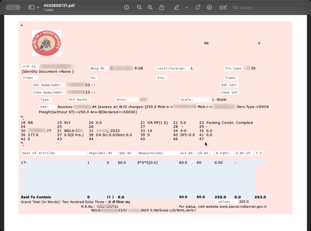 pink slip train ticket from Delhi to Lucknow journey