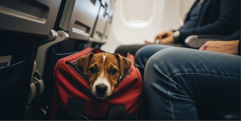 A cute, small furry dog peeking out from an IATA-approved carrier bag placed under the seat in the legroom of an international flight from India.