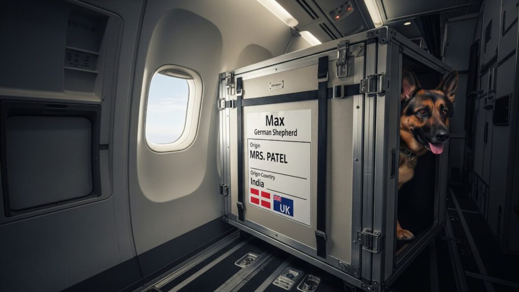 A German Shepherd dog named Max travelling to UK looks out from a large metal travel crate secured in the cargo hold of an airplane, with a window visible in the background. The crate has a label indicating dog and owner details.