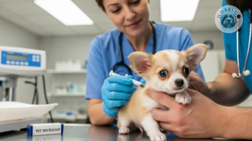 a dog is getting microchip by a licensed vet.