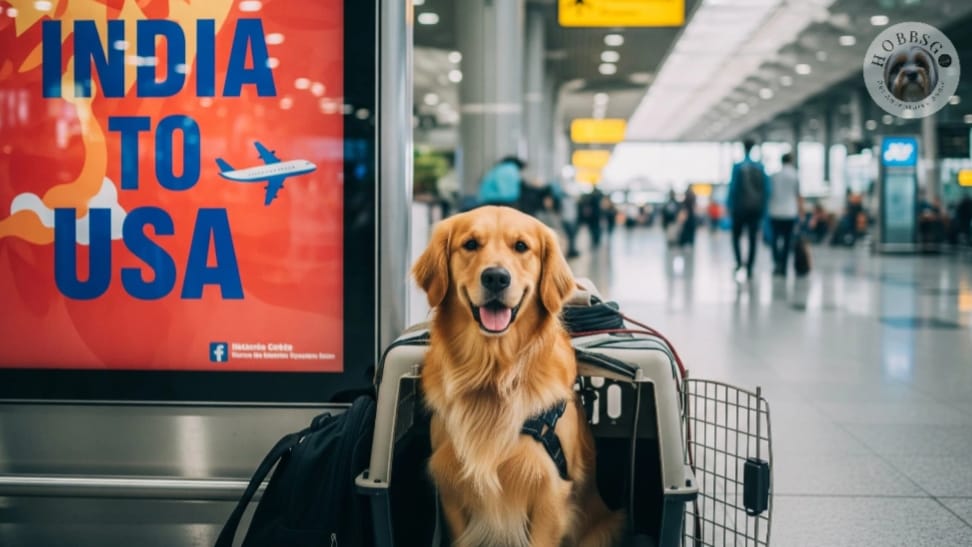 A golden retriever, looking excited, en route from India to the USA. in a crate.