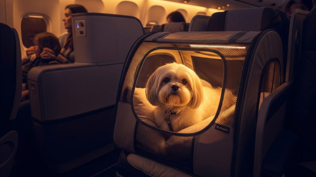Dog in airline-approved pet carrier on an airplane during a flight.