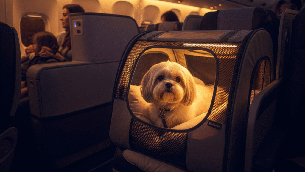 Dog in airline-approved pet carrier on an airplane during a flight.