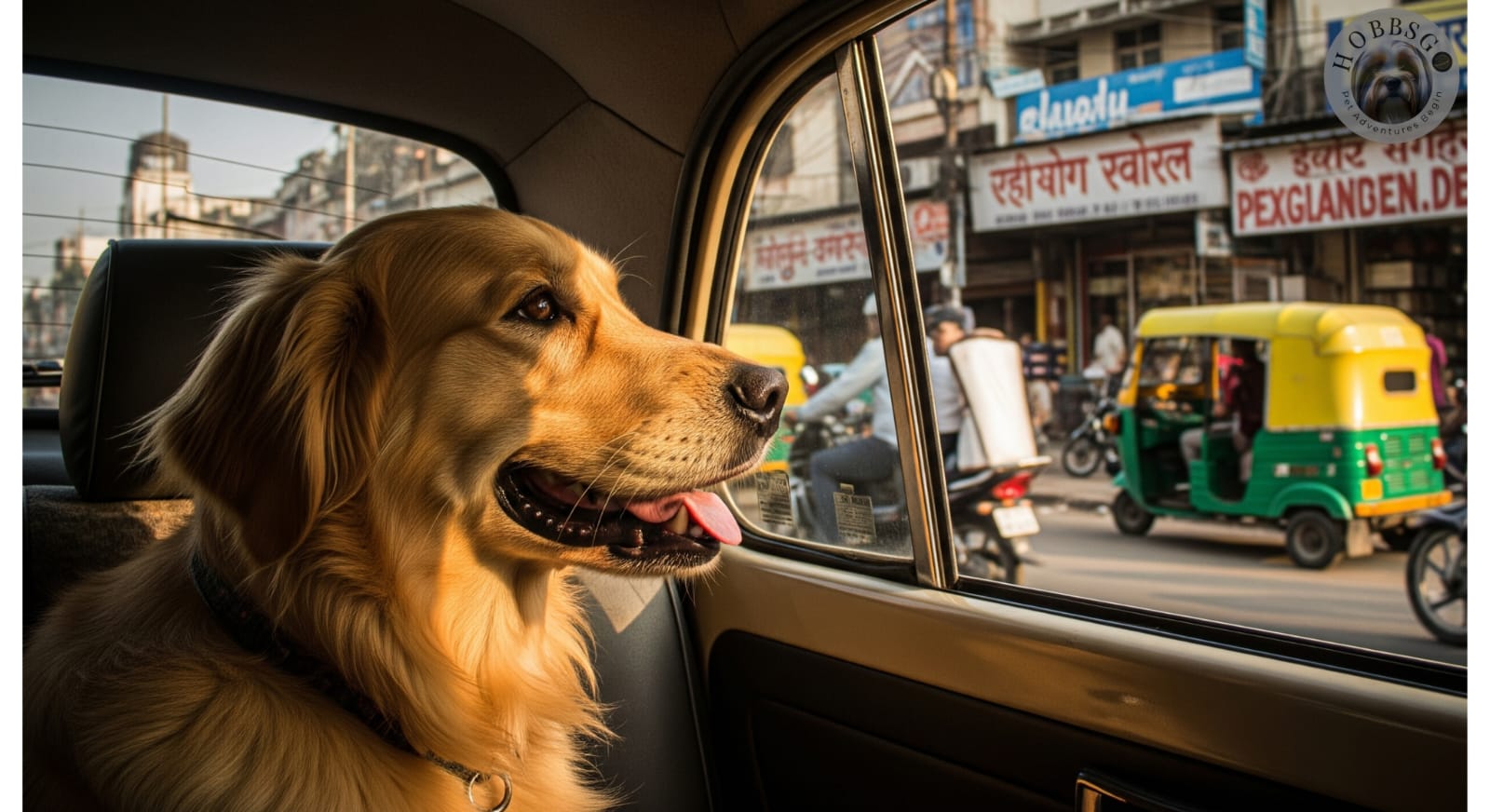 A golden retriever is traveling in car in India